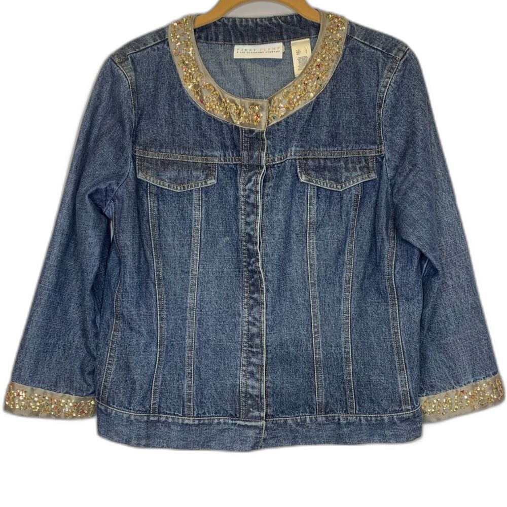 First Issue Womens Jean Jacket‎ Sequined Trim Collar Cuffs Hidden Snaps Large